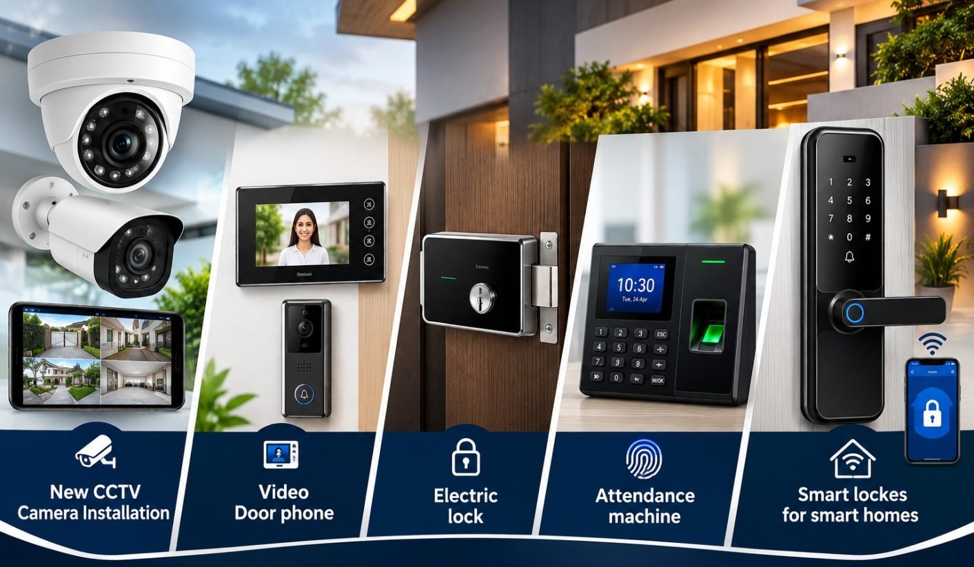 CCTV cameras, video door phone, electric lock, biometric attendance machine and smart lock