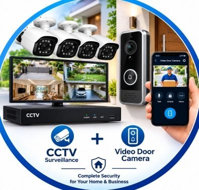 CCTV surveillance kit with video door camera and mobile app viewing