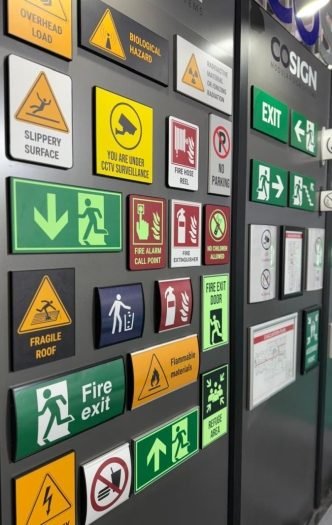 Wall of fire-exit, safety and caution signage boards