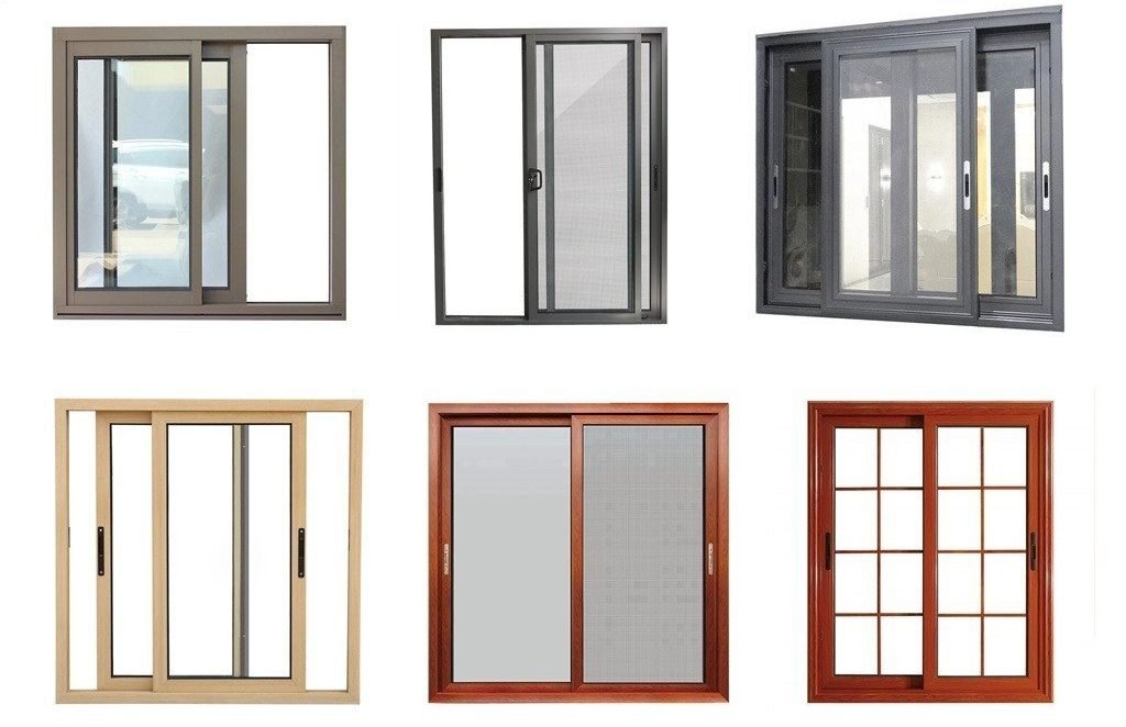 Aluminium and uPVC sliding window designs in grey, black, ivory and wood-grain finishes